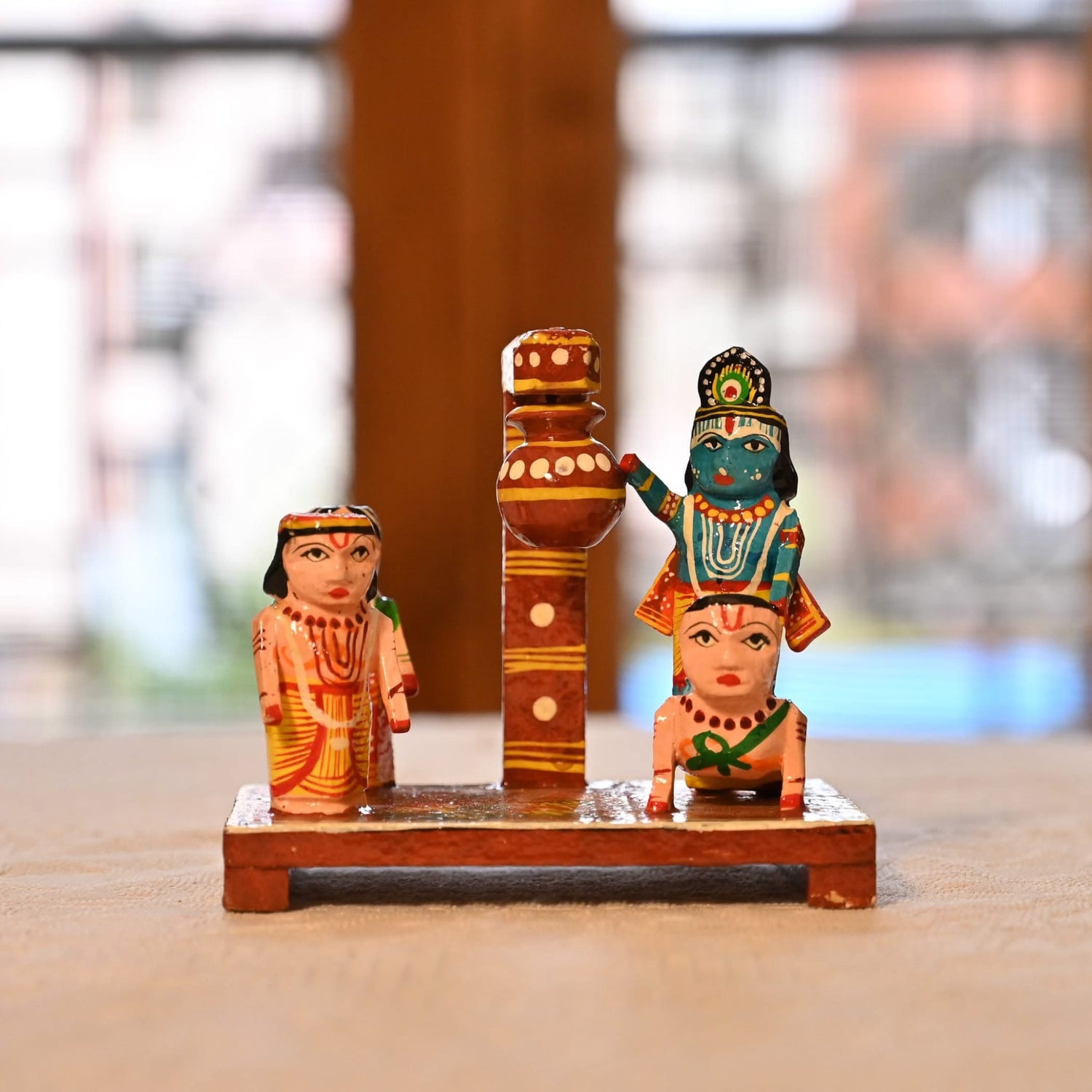 Wooden Krishna Makhan Chor Leela for Janmashtmi Golu Decoration Handpainted Kondapalli Krishna Set Show-piece for Home Temple Shelf Display Table Decor Gifting Item - LoveNspire