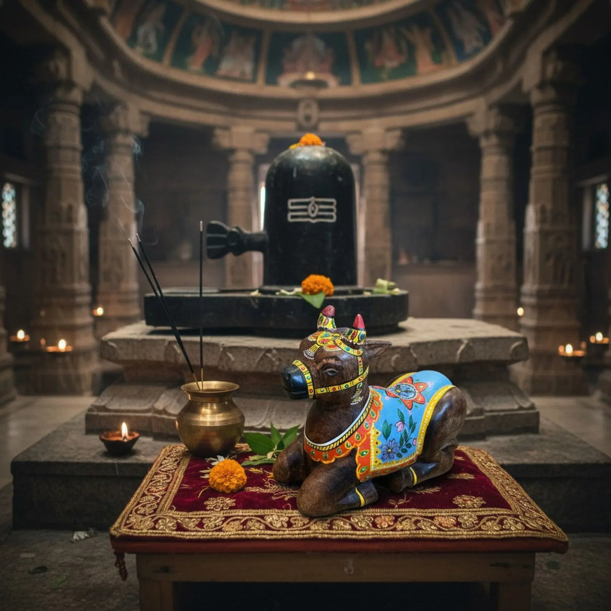 Handmade Wooden Nandi Cow Idol 7.5x4x8.5 Inch – Hand-Painted Sitting Bull Statue for Home Temple Pooja Decor Indian Traditional Art Sculpture for Housewarming Puja Return Gifts - LoveNspire