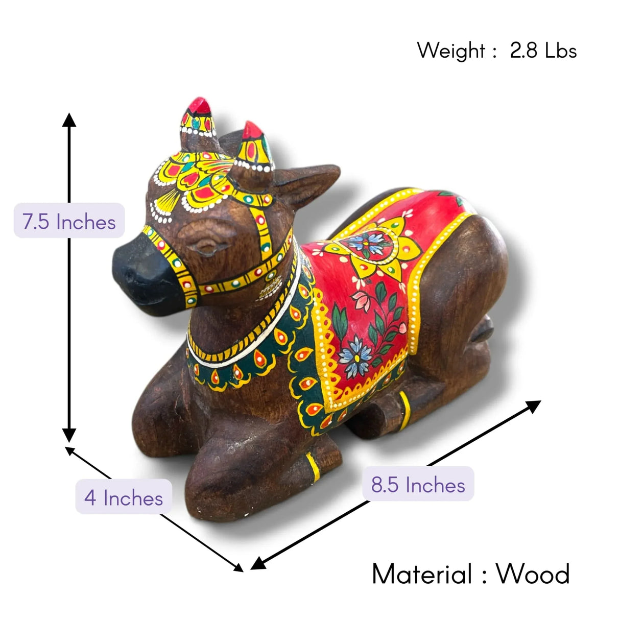 Handmade Wooden Nandi Cow Idol 7.5x4x8.5 Inch – Hand-Painted Sitting Bull Statue for Home Temple Pooja Decor Indian Traditional Art Sculpture for Housewarming Puja Return Gifts - LoveNspire