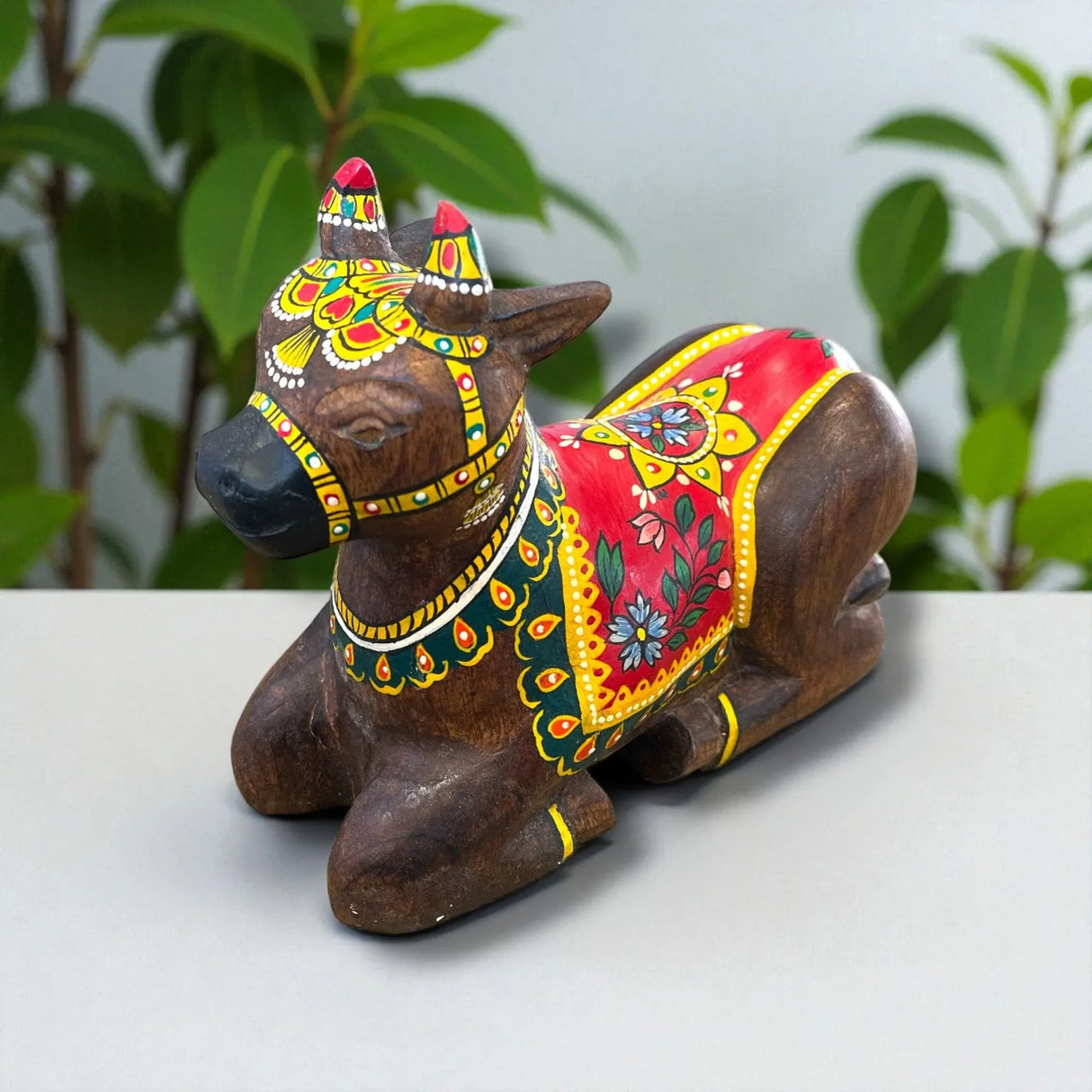 Handmade Wooden Nandi Cow Idol 7.5x4x8.5 Inch – Hand-Painted Sitting Bull Statue for Home Temple Pooja Decor Indian Traditional Art Sculpture for Housewarming Puja Return Gifts - LoveNspire