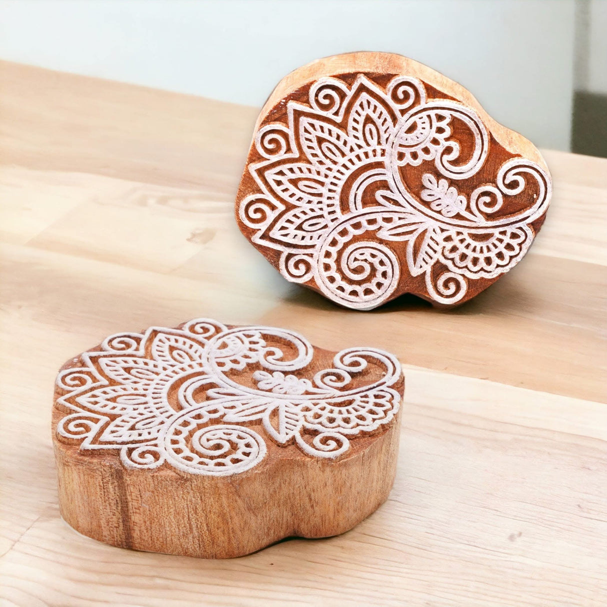 Wooden Printing Stamps Wood Block Stamps for Crafting Handcarved Indian Textile Printing Blocks for Henna Tattoo Saree Border Scrapbooking Clay, Pottery Stamps Mandala Paisley Shapes - LoveNspire