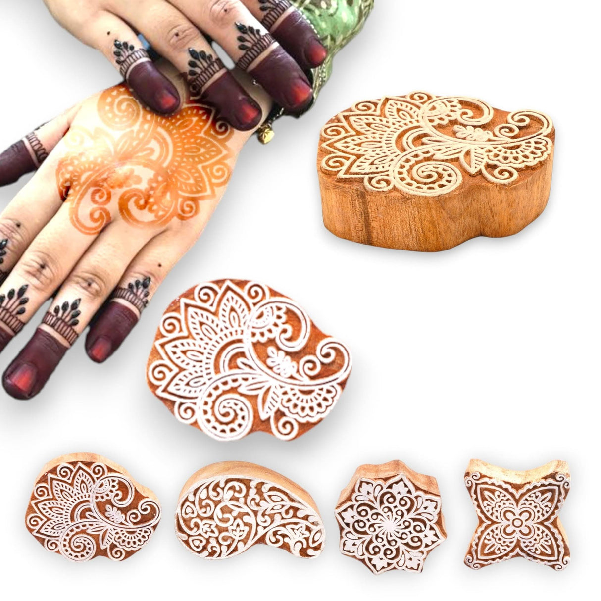 Wooden Printing Stamps Wood Block Stamps for Crafting Handcarved Indian Textile Printing Blocks for Henna Tattoo Saree Border Scrapbooking Clay, Pottery Stamps Mandala Paisley Shapes - LoveNspire
