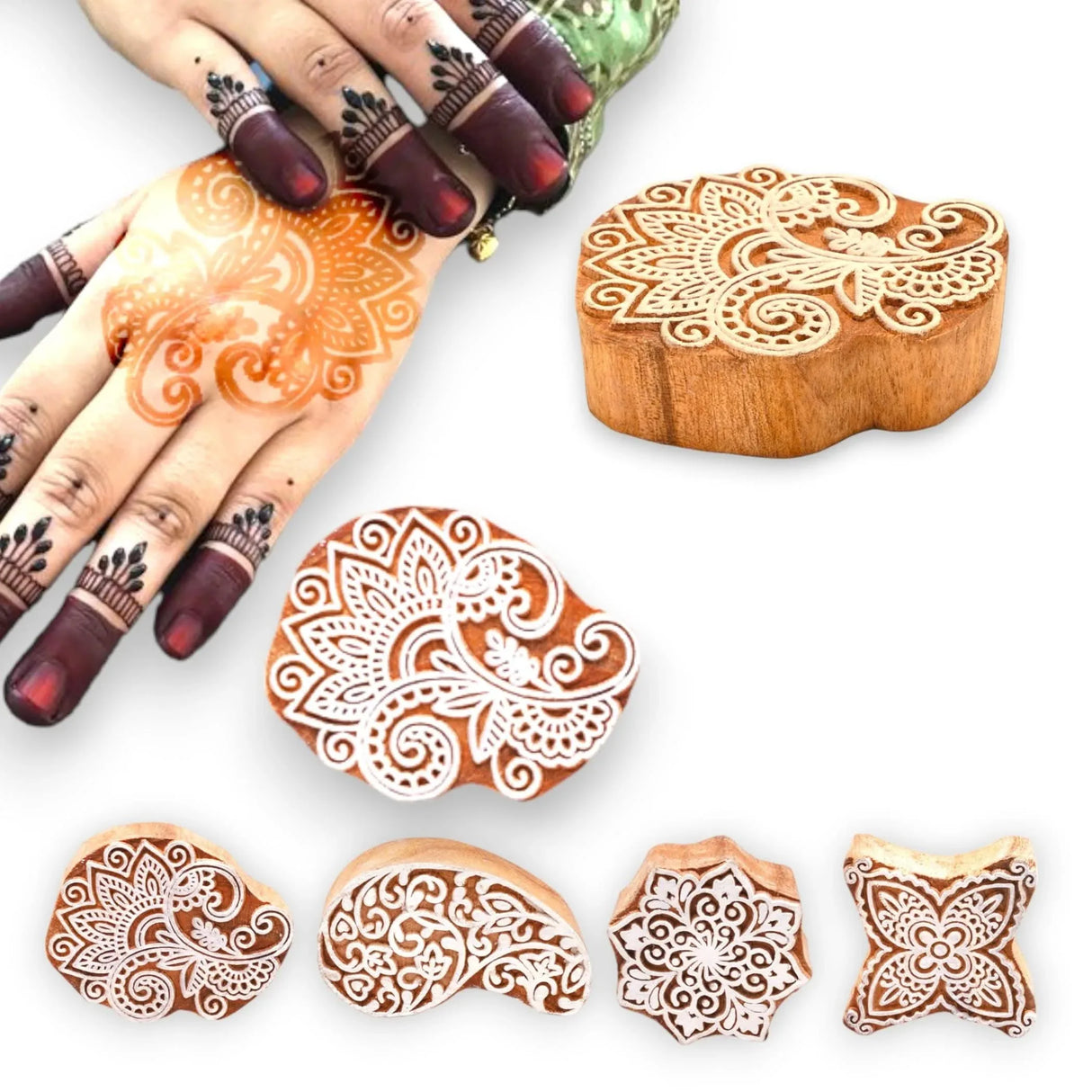 Wooden Printing Stamps Wood Block Stamps for Crafting Handcarved Indian Textile Printing Blocks for Henna Tattoo Saree Border Scrapbooking Clay, Pottery Stamps Mandala Paisley Shapes - LoveNspire
