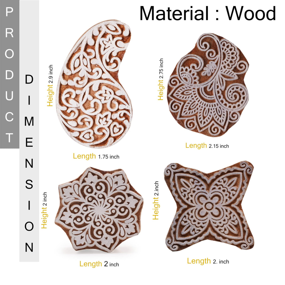 Wooden Printing Stamps Wood Block Stamps for Crafting Handcarved Indian Textile Printing Blocks for Henna Tattoo Saree Border Scrapbooking Clay, Pottery Stamps Mandala Paisley Shapes - LoveNspire