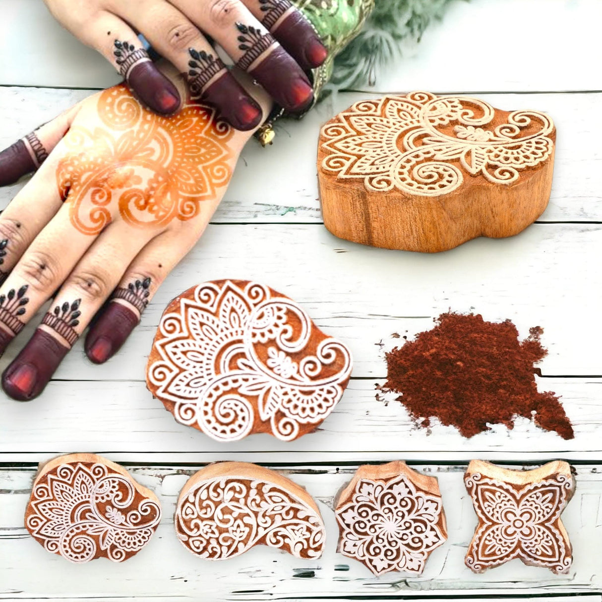 Wooden Printing Stamps Wood Block Stamps for Crafting Handcarved Indian Textile Printing Blocks for Henna Tattoo Saree Border Scrapbooking Clay, Pottery Stamps Mandala Paisley Shapes - LoveNspire