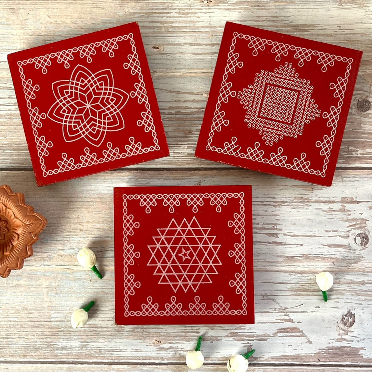 Wooden Puja Chowki 4 Inch Handcrafted Floral Printed Traditional Chaurang Chowki for God Idols Kalash - Festive Decor for Pooja Home Temple Mandir - Diwali Housewarming Gift - LoveNspire