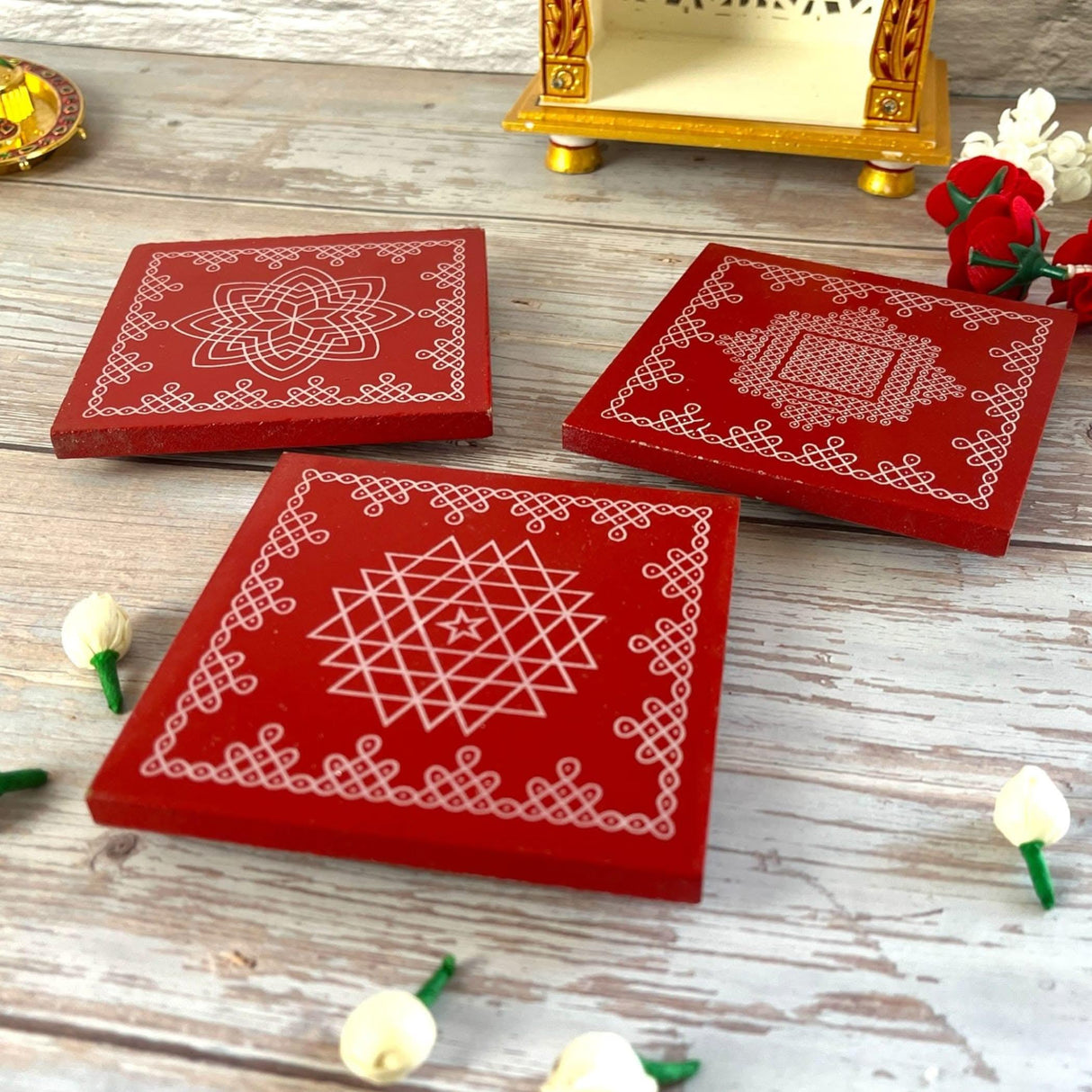 4x4 Inch Wooden Puja Chowki Handcrafted Floral Printed Traditional Chaurang Chowki for God Idols Kalash - Festive Decor for Pooja Home Temple Mandir - Diwali Housewarming Gift - LoveNspire