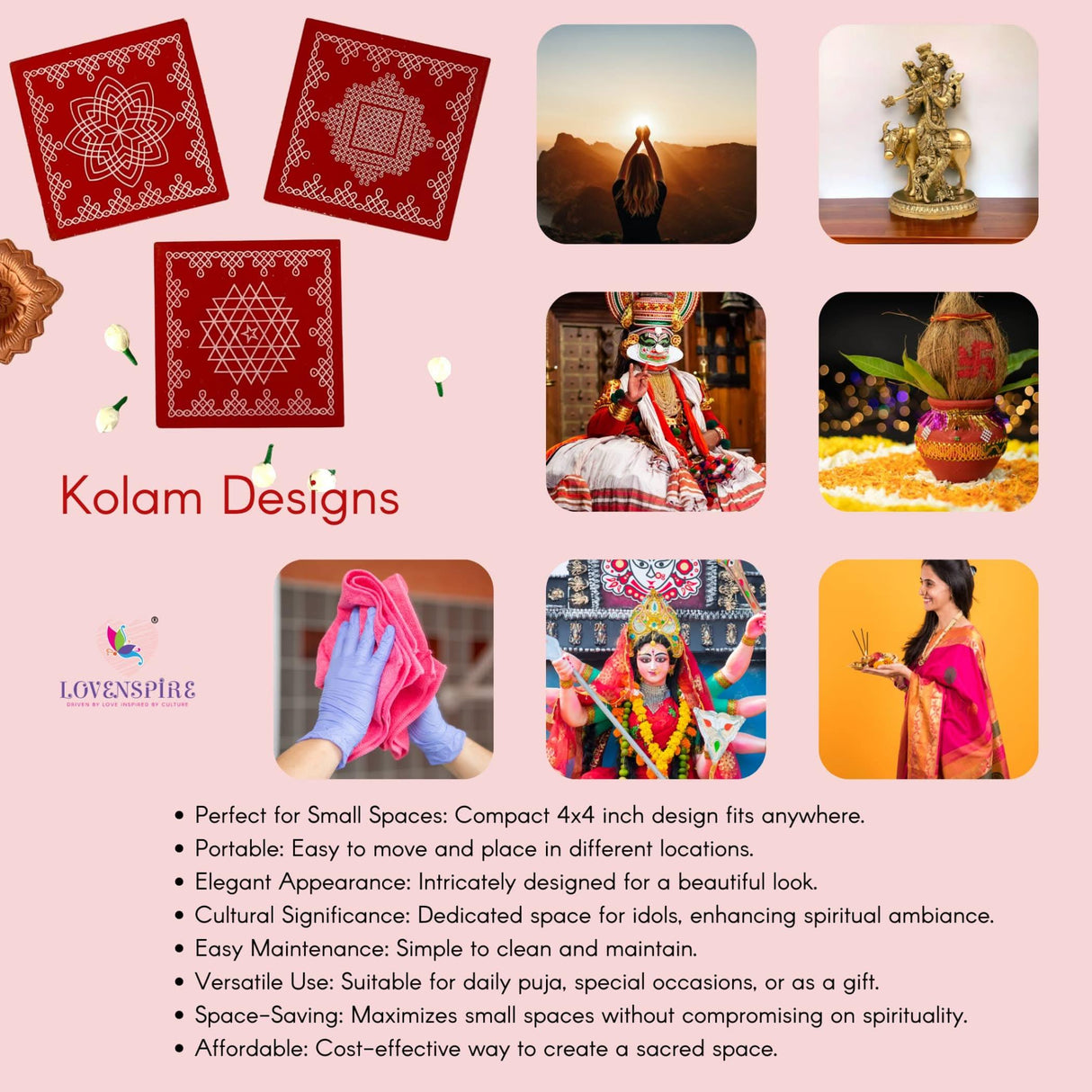 4x4 Inch Wooden Puja Chowki Handcrafted Floral Printed Traditional Chaurang Chowki for God Idols Kalash - Festive Decor for Pooja Home Temple Mandir - Diwali Housewarming Gift - LoveNspire