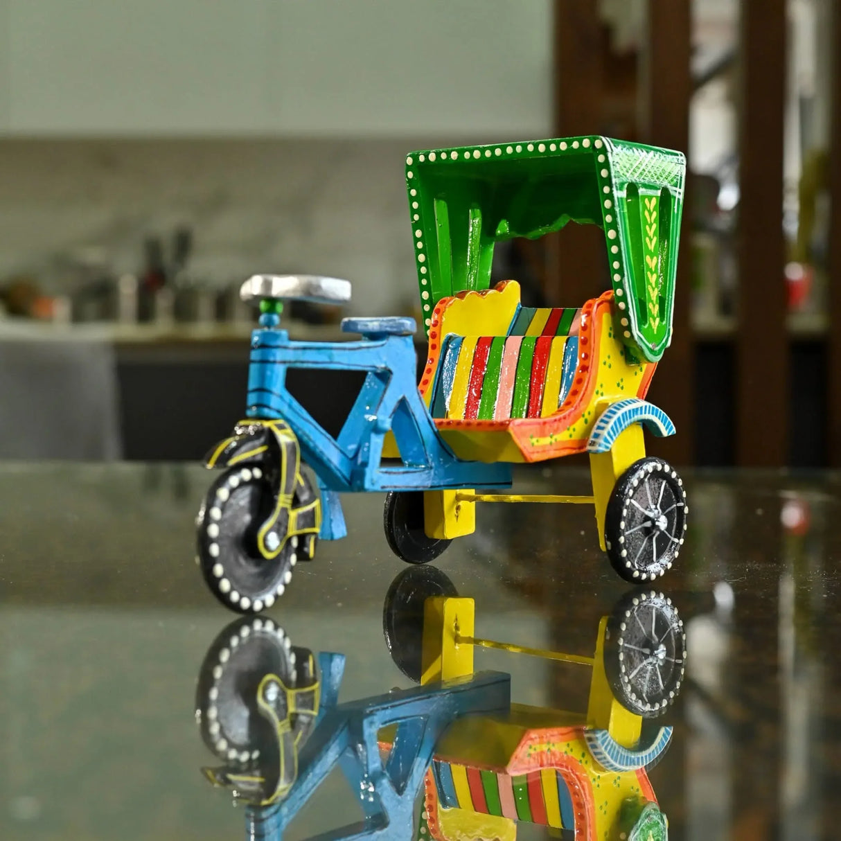 Wooden Rikshaw Cycle Kondapalli Handpainted Indian Showpiece for Home Restaurant Decoration Shelf Display Table Decor and Gifting Item - LoveNspire