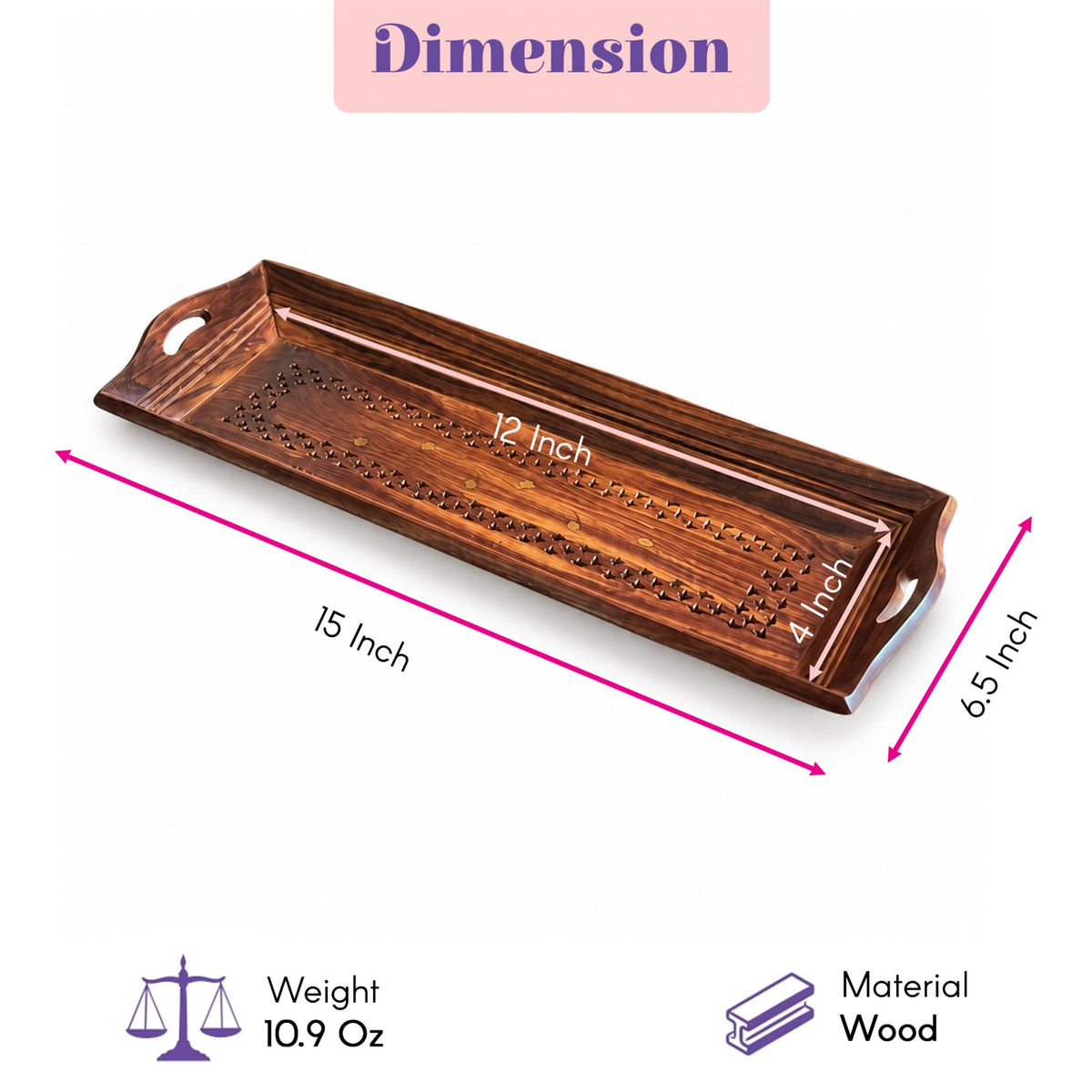 A rectangular hand-painted wooden serving tray with rich brown finish, intricate carvings, and integrated handles for serving