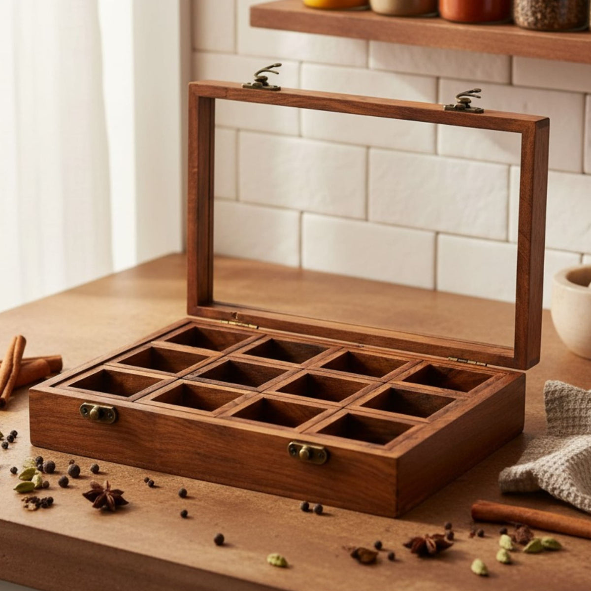 A warm-toned wooden Indian spice box organizer with glass lid brass hardware and 12 compartments for herbs storage