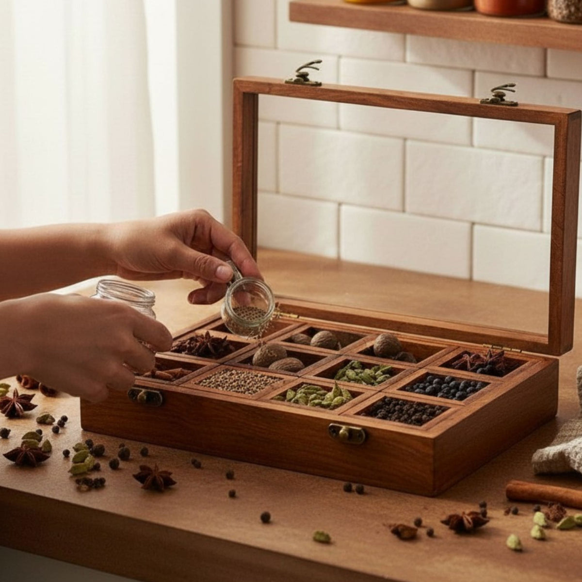 A warm-toned wooden indian spice box organizer with clear glass lid and 12 compartments for herbs and dry fruits storage