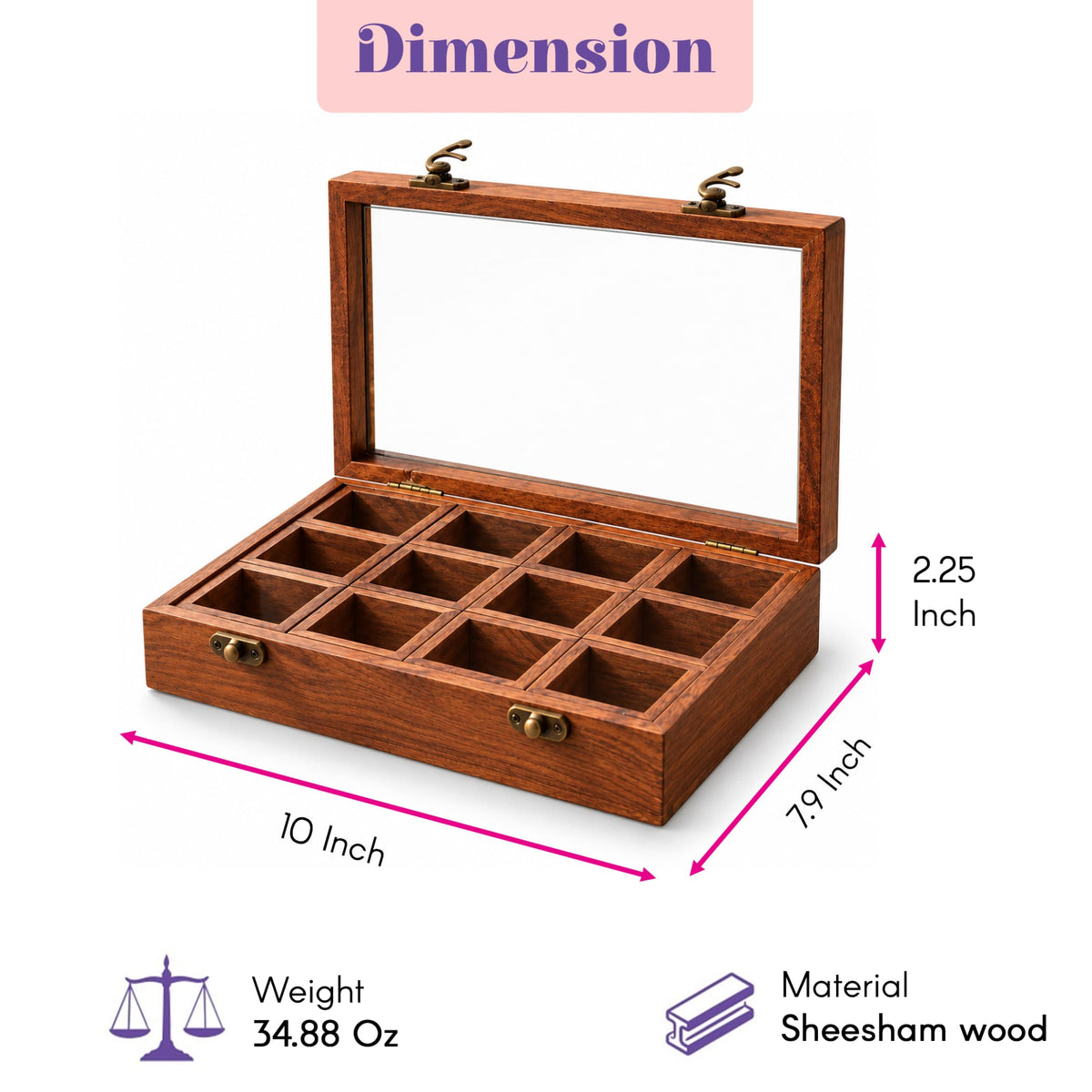 Wooden indian spice box organizer made of sheesham wood with a glass lid and brass hardware for kitchen storage
