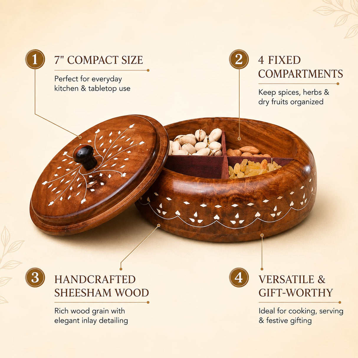 Handcrafted sheesham wood round spice box organizer with elegant white inlay work and four compartments for kitchen use