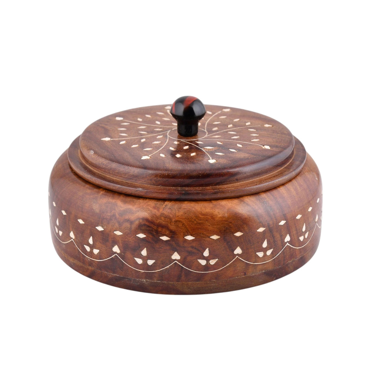 Round dark brown wooden spice jar with intricate white inlay lid and black knob for kitchen herbs and dry fruits storage