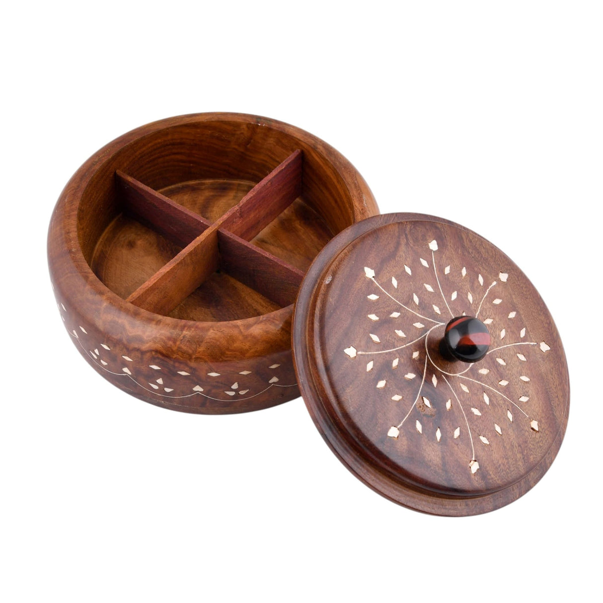 Handcrafted round wooden Indian spice box with rich brown finish white inlay lid and decorative knob for herbs storage