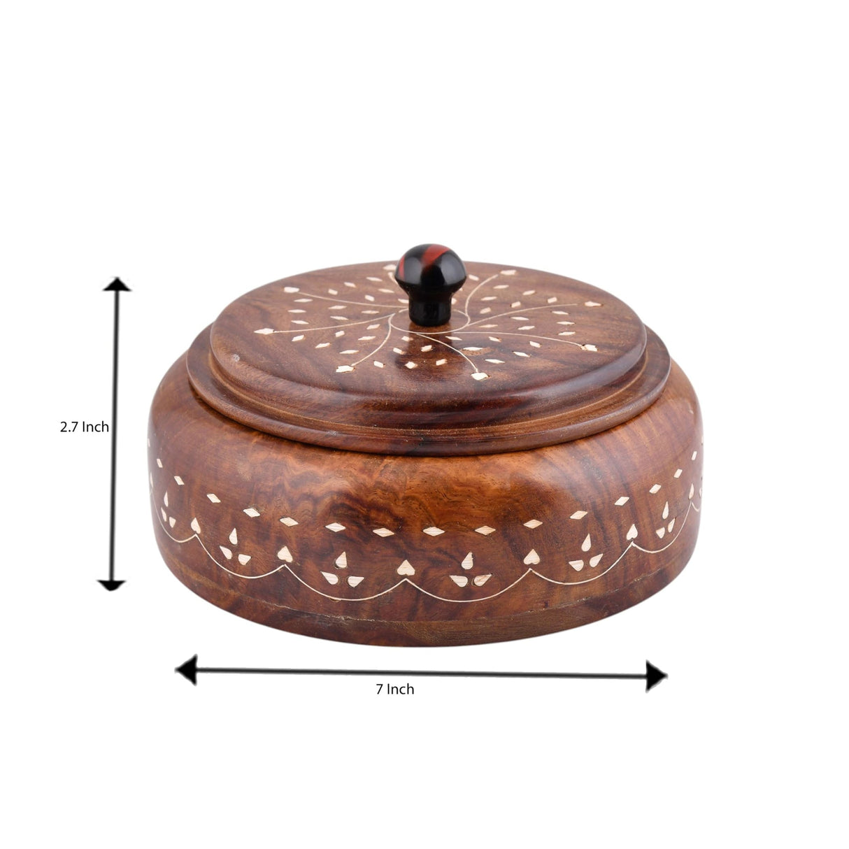 Round wooden Indian spice box organizer 7 inch with dark brown inlay lid and black knob for herbs and dry fruits storage