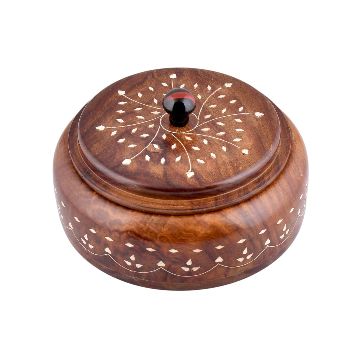 Handcrafted round wooden Indian spice box organizer with rich brown finish, white inlay patterns, and black red knob