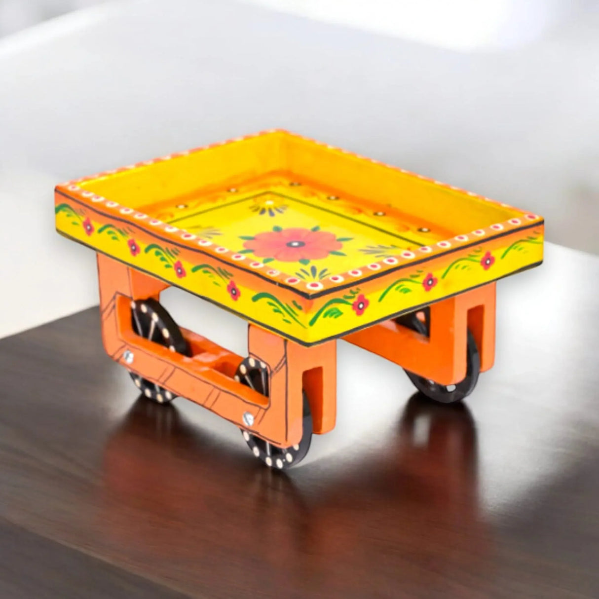 Wooden Trolley with Wheels Hand Painted Serving Tray Indian Decorative Platter for Snack Tea Home Kitchen Restaurant Table Decor Great Gift Idea - LoveNspire