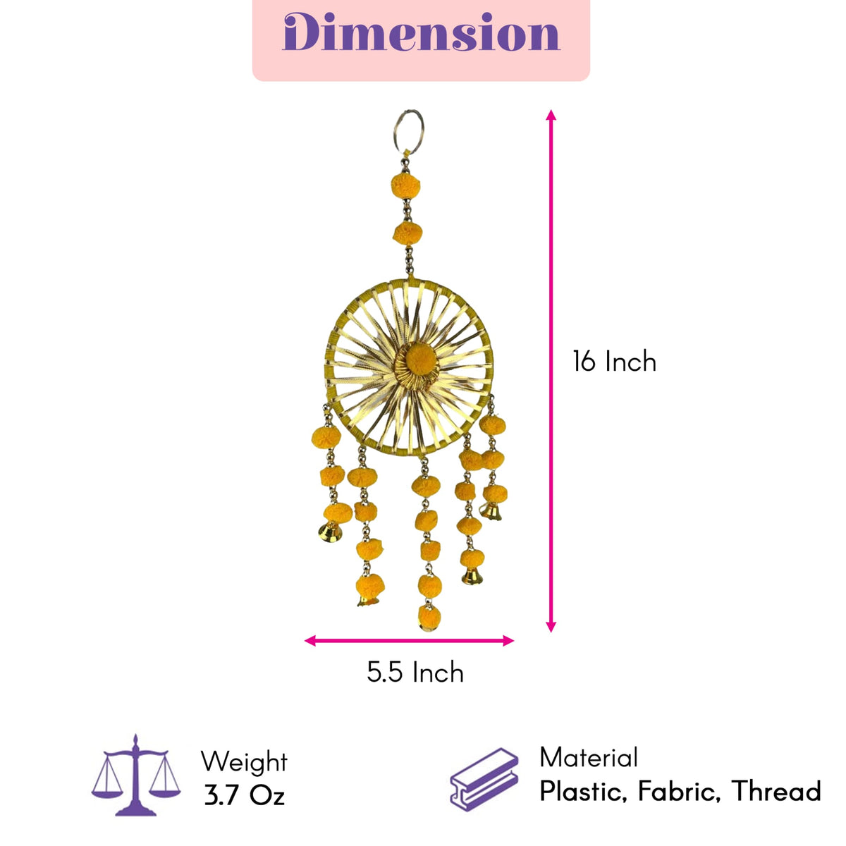 A 16-inch tall golden dreamcatcher with orange beads and bells made of plastic fabric and thread for home decor
