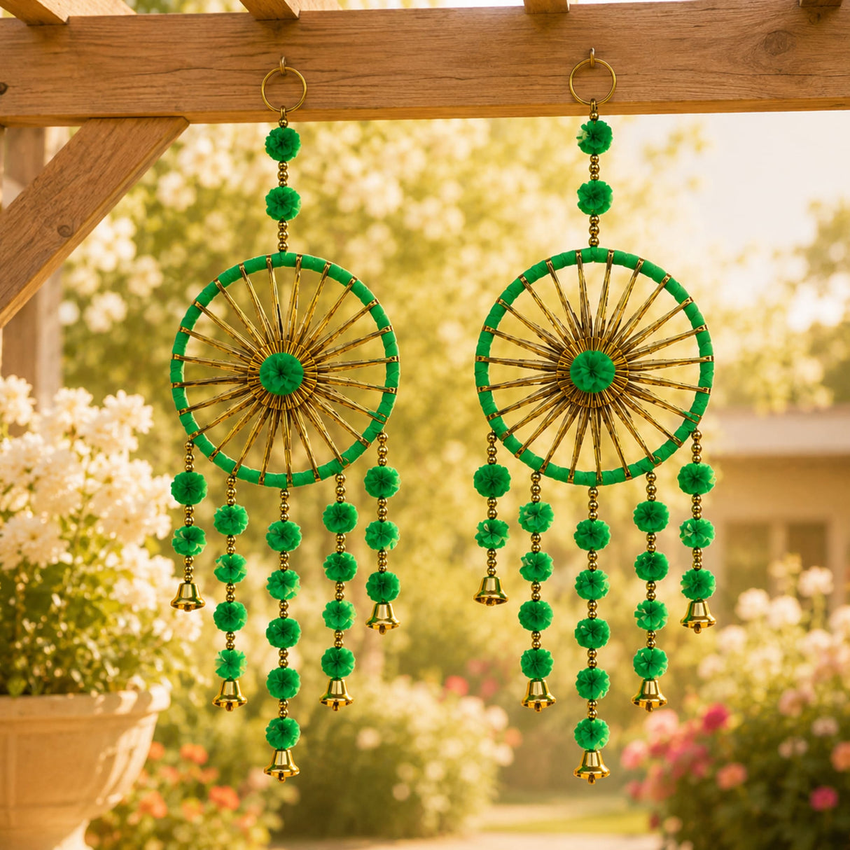 Ring wall hanging woollen stuffed rajasthani green and gold dreamcatcher wind chime with pom-poms and bells for home decor