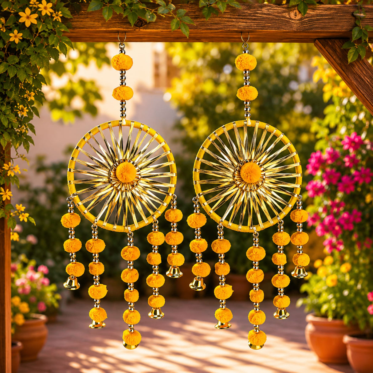 Golden sunburst shaped ring wall hanging with yellow pom-poms and metallic accents rajasthani woollen decor set of 2