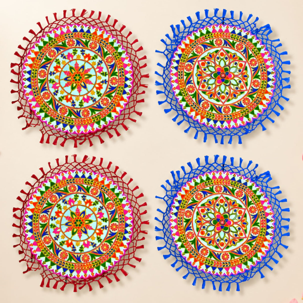 Handmade indian woolen embroidery 2 pcs pooja thali cover with vibrant red and blue floral mandala coasters with tassel trim