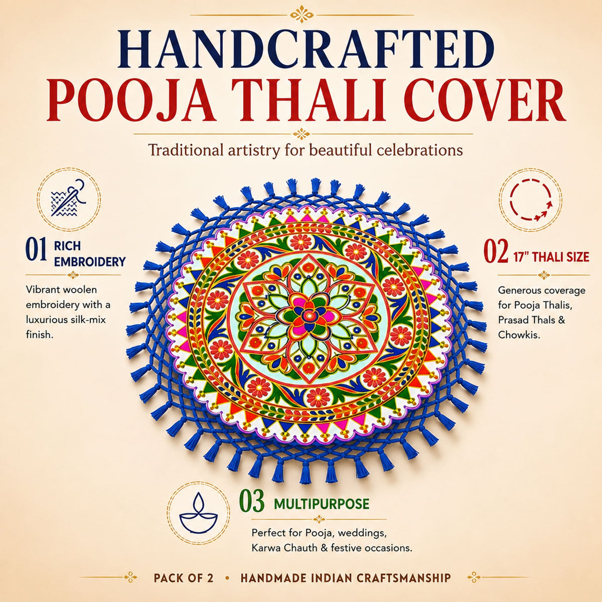 Handmade indian woolen embroidery pooja thali cover with vibrant floral and geometric patterns in multicolor