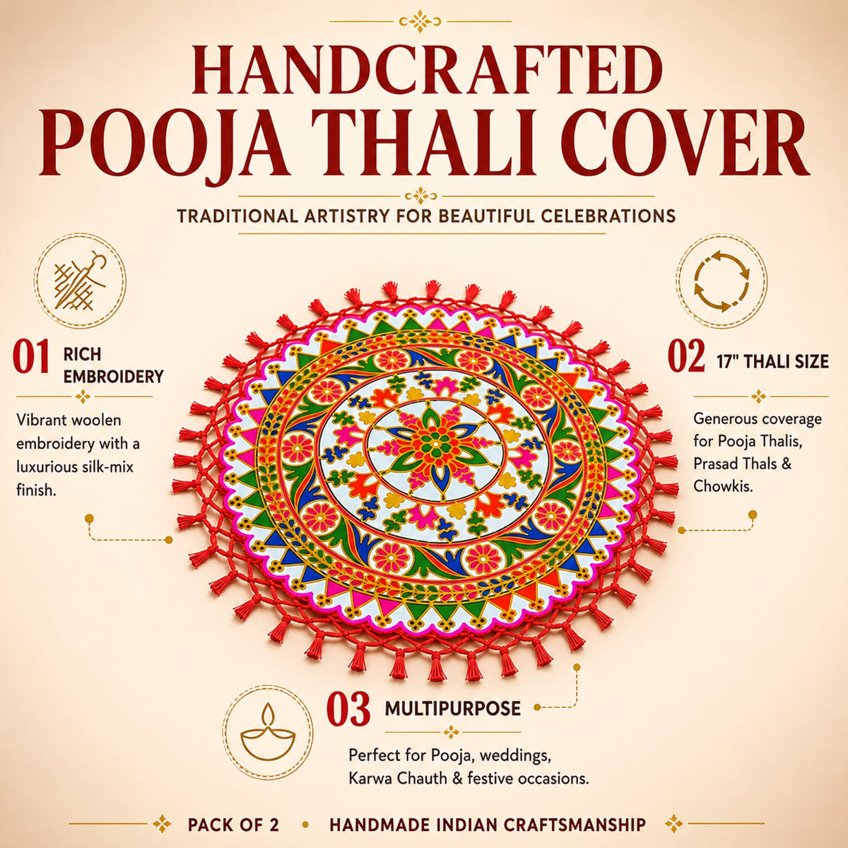 Handmade Indian woolen embroidery pooja thali cover with vibrant multicolored designs and red tassels for wedding puja