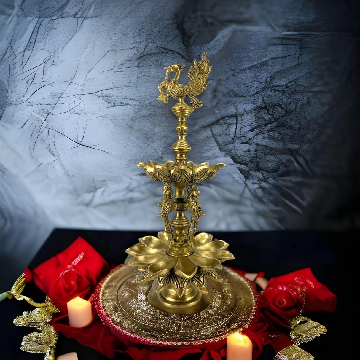 Large Parrot Brass Oil Diya Kerala Samai Puja Diya Traditional 18.5 Inch Oil Lamp Hindu Religious Kathu Vilakku Deepak for Puja Deepam Home Temple Diwali Decor Housewarming Return Gift - LoveNspire