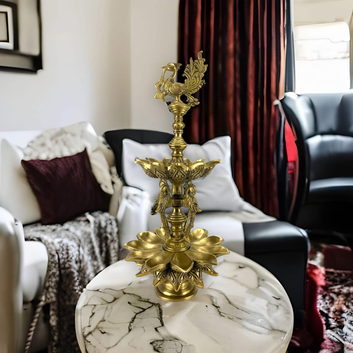 Large Peacock Brass Oil Tall Diya, Samai Diya, Diwali Decor, Brass Oil Diya Lamp, Altar Temple Decor, Brass Oil Lamp, Diya for Home Decor, Kathu Vilakku, Kerela Diya, Pooja Diya - LoveNspire