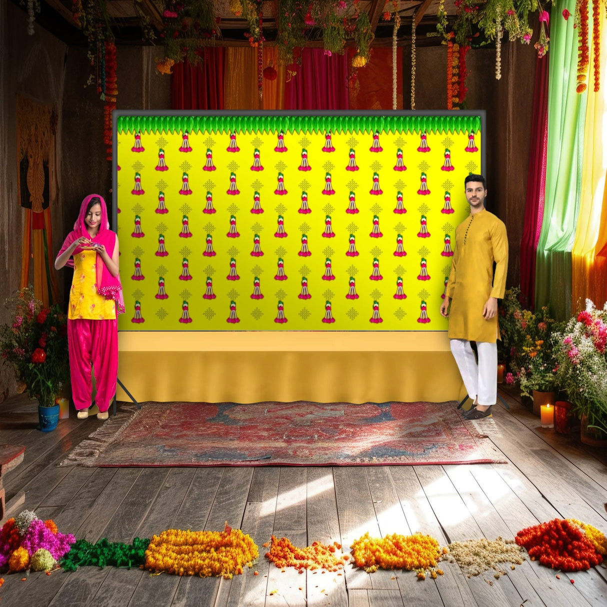Yellow Tazzle Mango Leaf Backdrop, Pooja Backdrop Decoration, Indian Backdrop, Indian Decorations,housewarming Decor, Traditional Backdrop, Pooja Decoration - LoveNspire