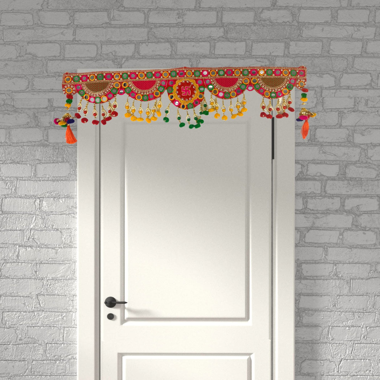 Indian Bead Door Toran 35 Inch Bhandarwal Hanging Valance Velvet Pompom Traditional Wall Decorative for Window Home Temple Decor Wedding Diwali Navratri Puja Housewarming Decorations - LoveNspire