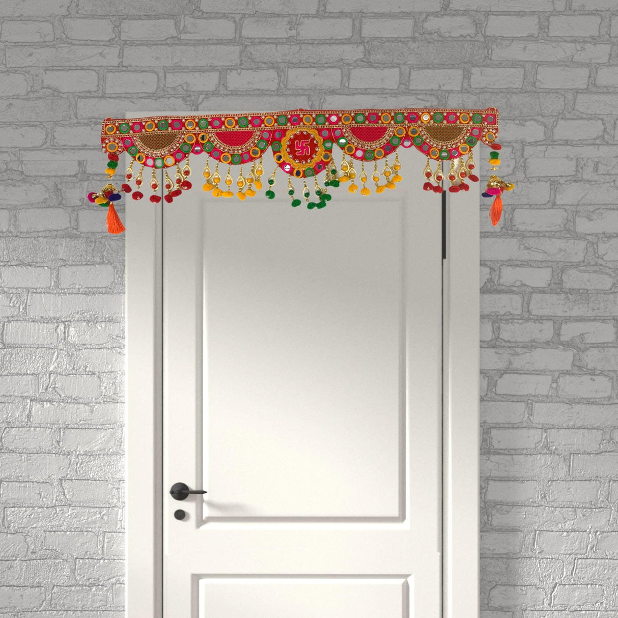 Indian Bead Door Toran 35 Inch Bhandarwal Hanging Valance Velvet Pompom Traditional Wall Decorative for Window Home Temple Decor Wedding Diwali Navratri Puja Housewarming Decorations - LoveNspire