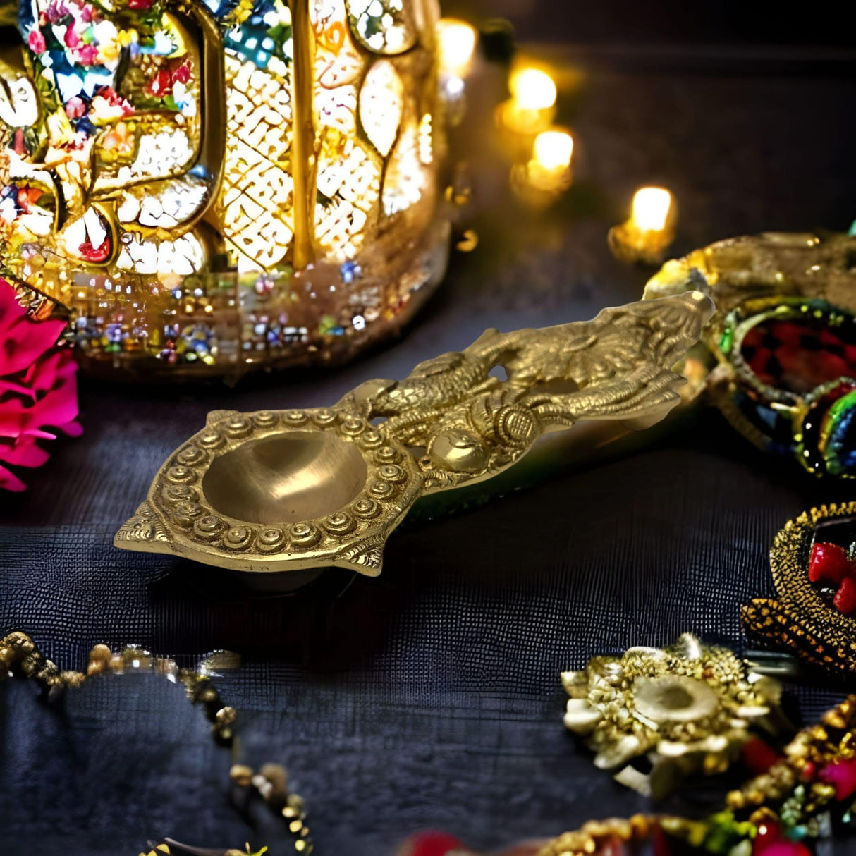 Brass Finish Pooja Aarti Spoon 1 Pc Diya Twin Parrot Design Round Hawan Spoon for Pouring Ghee in Hawan Kund Diwali Gift Ethnic Indian Aarti Spoon Wedding Return Gifts Home Temple Decor - LoveNspire