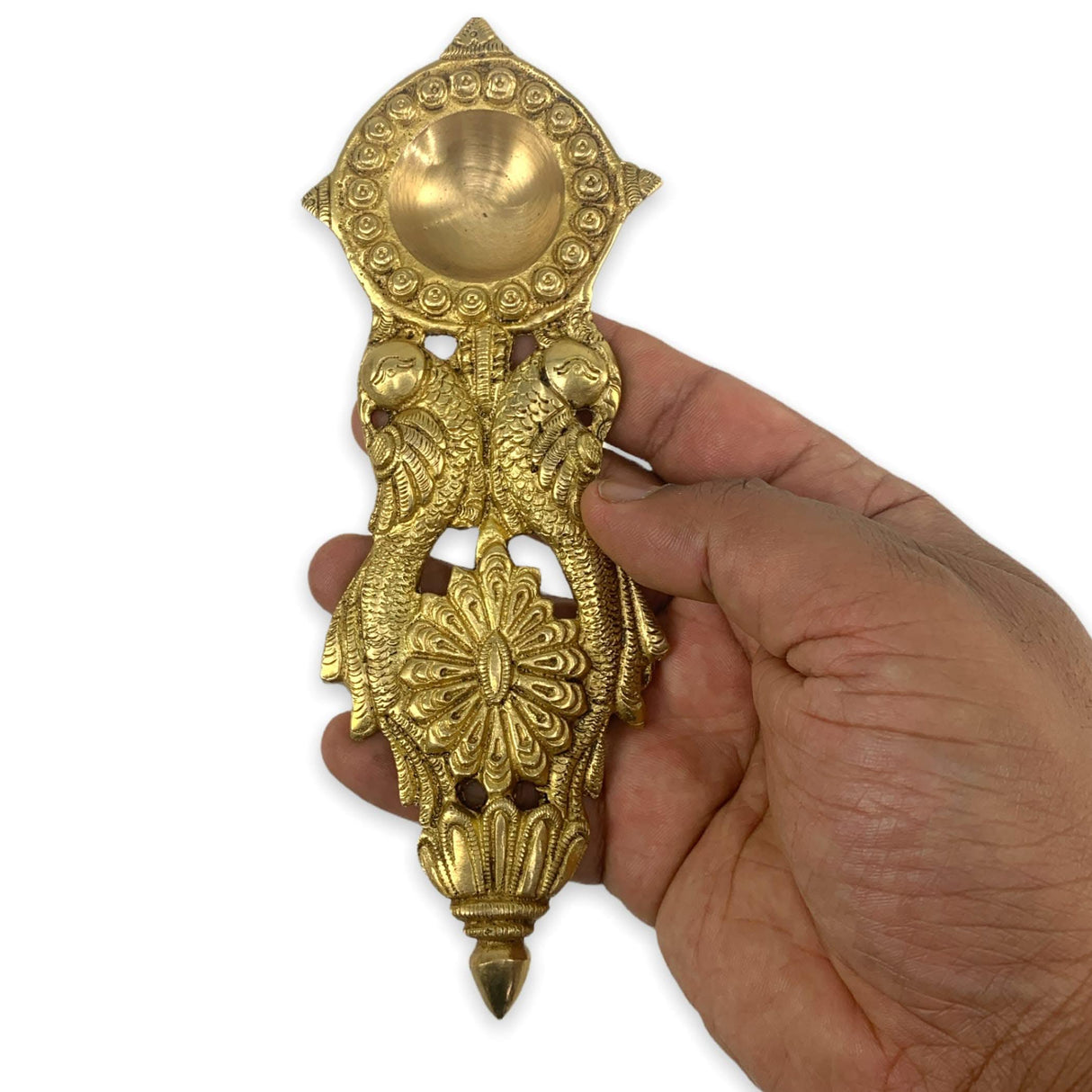 Brass Finish Pooja Aarti Spoon 1 Pc Diya Twin Parrot Design Round Hawan Spoon for Pouring Ghee in Hawan Kund Diwali Gift Ethnic Indian Aarti Spoon Wedding Return Gifts Home Temple Decor - LoveNspire