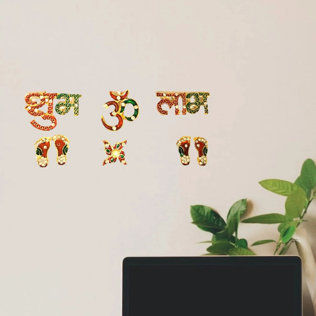 Shubh Labh Om Swastik 6 Pieces Set Metal Good Luck Footsteps Shubh-labh Rangoli Sticker Wall Door Hanging Home Office Temple Pooja Diwali Decor Wall Art for Housewarming Laxmi Pooja - LoveNspire
