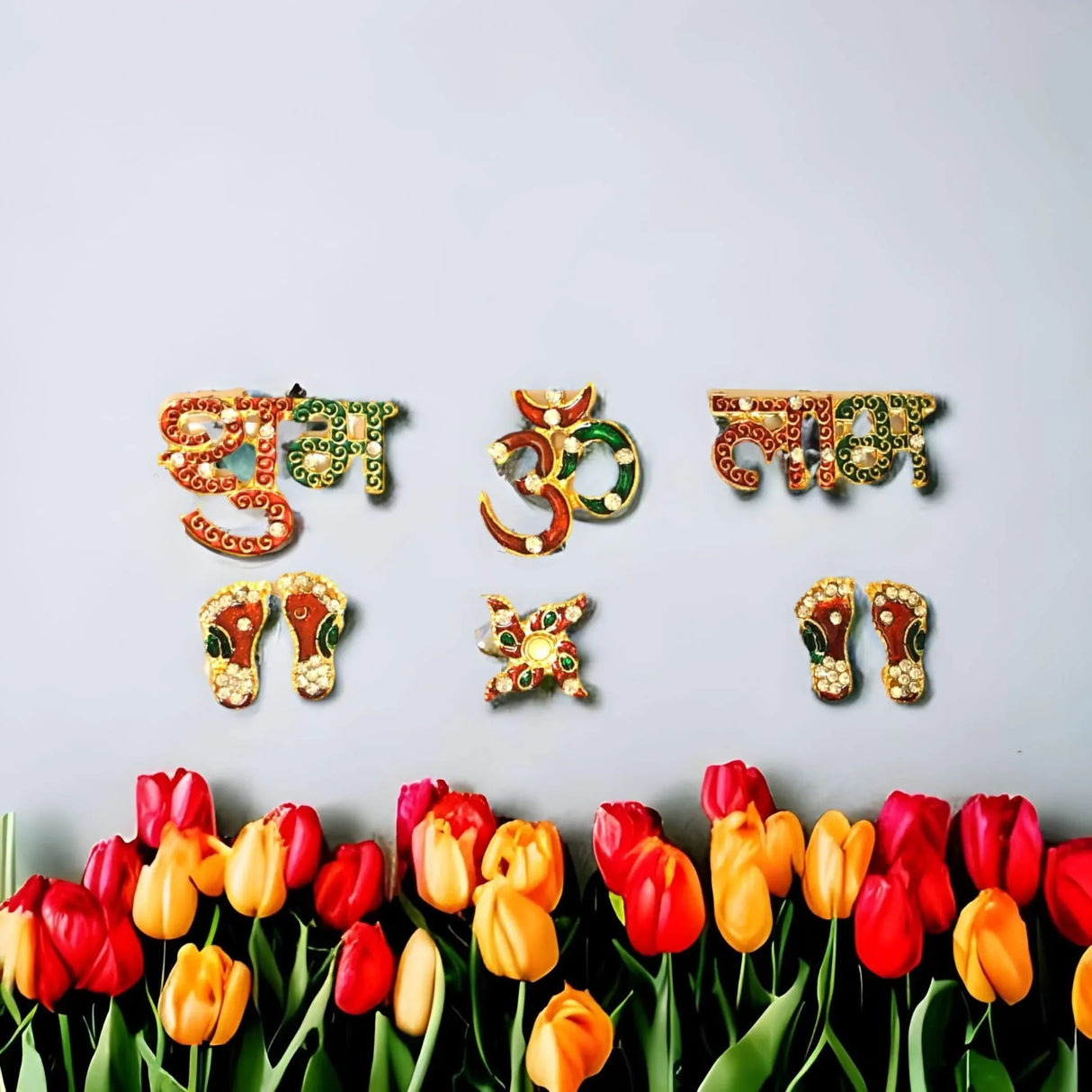 Shubh Labh Om Swastik 6 Pieces Set Metal Good Luck Footsteps Shubh-labh Rangoli Sticker Wall Door Hanging Home Office Temple Pooja Diwali Decor Wall Art for Housewarming Laxmi Pooja - LoveNspire