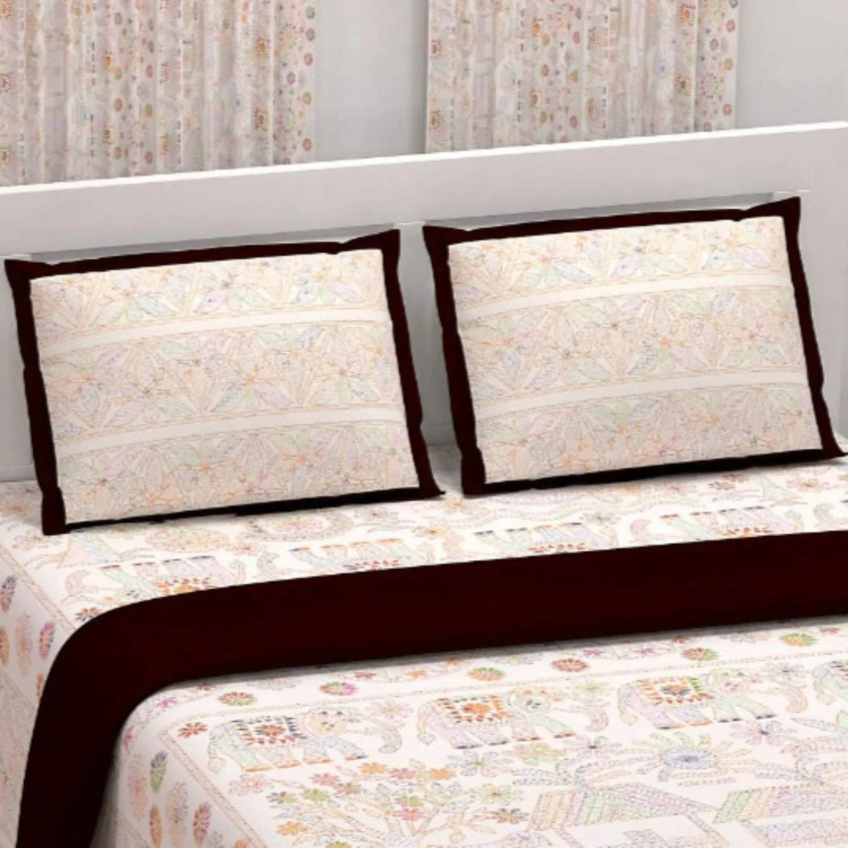 100% Cotton Sheets Indian Ethnic Elephant Printed Bedsheet Soft 3-piece Fitted Sheet with Breathable Pillowcases Deep Pockets 150 Thread Count (king Queen Twin) - LoveNspire