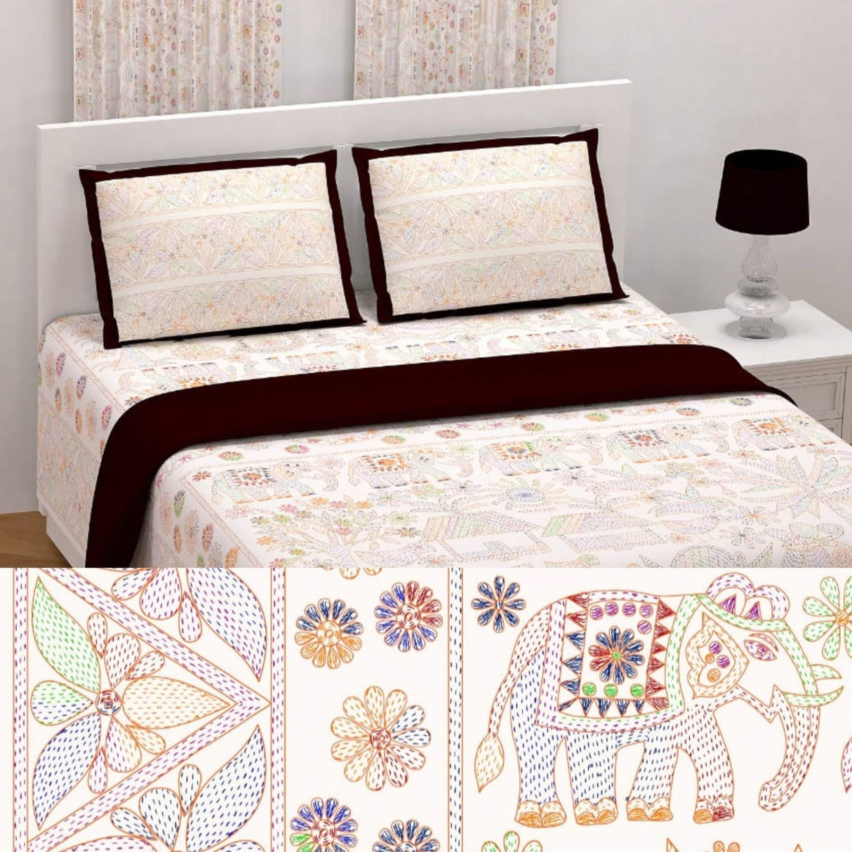 100% Cotton Sheets Indian Ethnic Elephant Printed Bedsheet Soft 3-piece Fitted Sheet with Breathable Pillowcases Deep Pockets 150 Thread Count (king Queen Twin) - LoveNspire