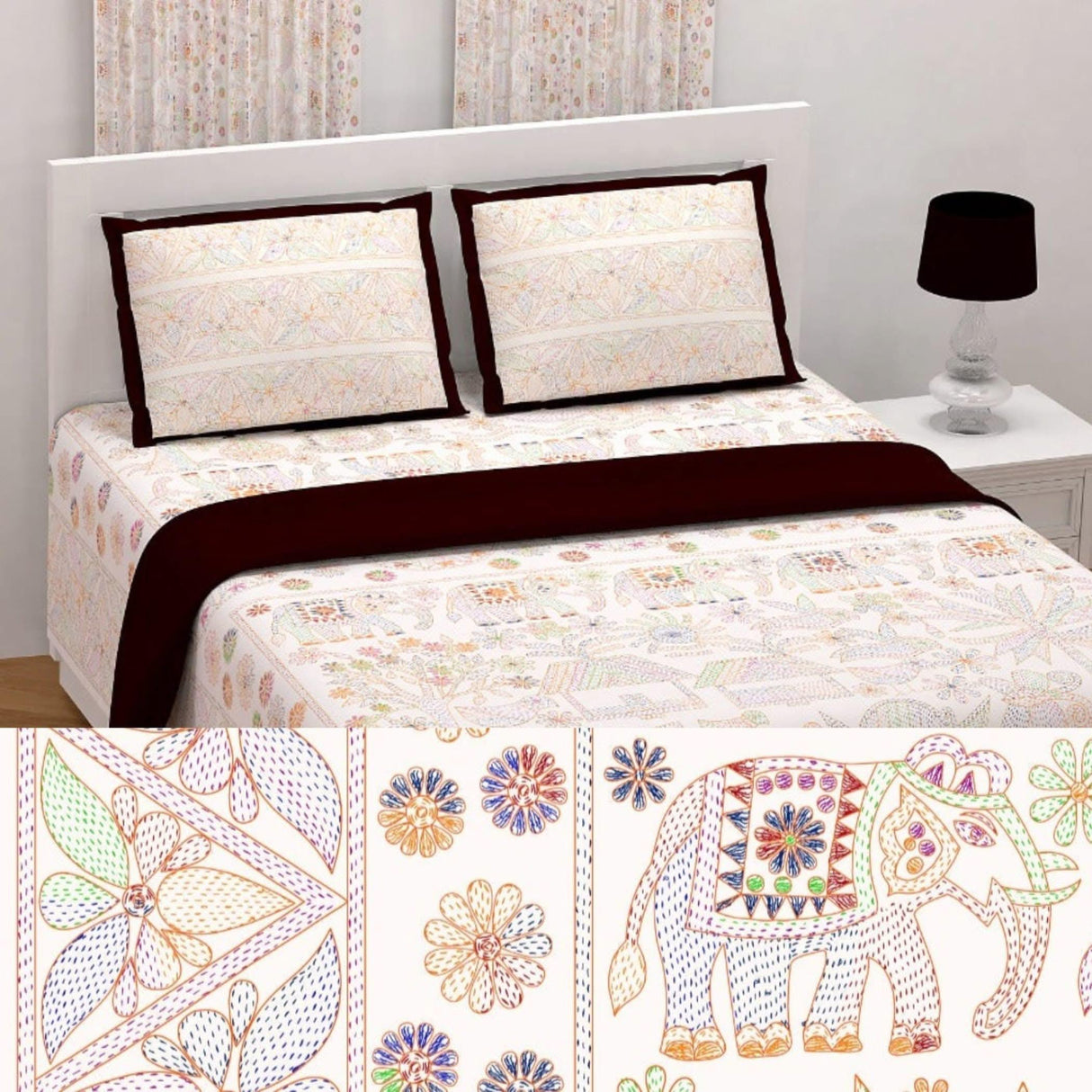 100% Cotton Sheets Indian Ethnic Elephant Printed Bedsheet Soft 3-piece Fitted Sheet with Breathable Pillowcases Deep Pockets 150 Thread Count (king Queen Twin) - LoveNspire