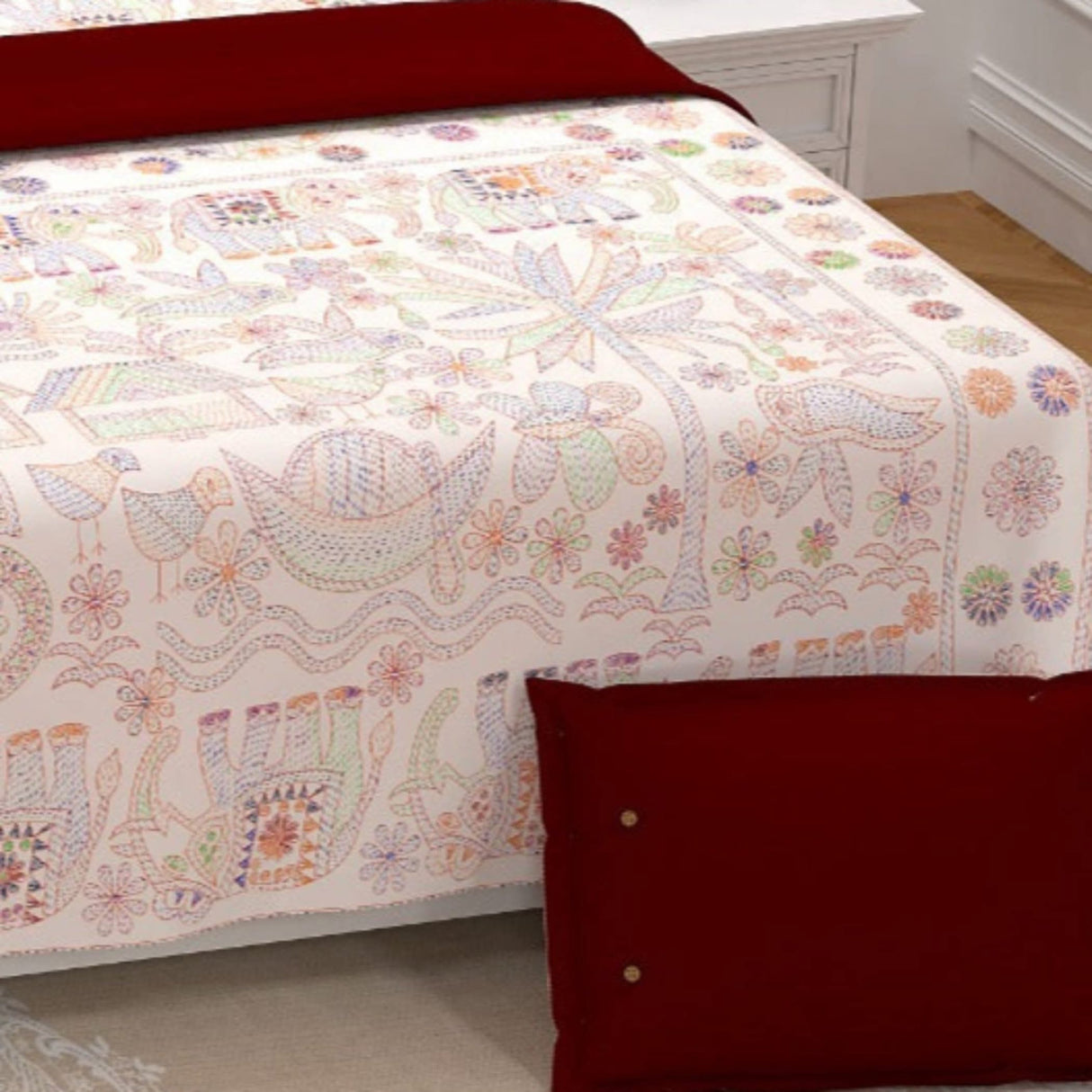 100% Cotton Sheets Indian Ethnic Elephant Printed Bedsheet Soft 3-piece Fitted Sheet with Breathable Pillowcases Deep Pockets 150 Thread Count (king Queen Twin) - LoveNspire