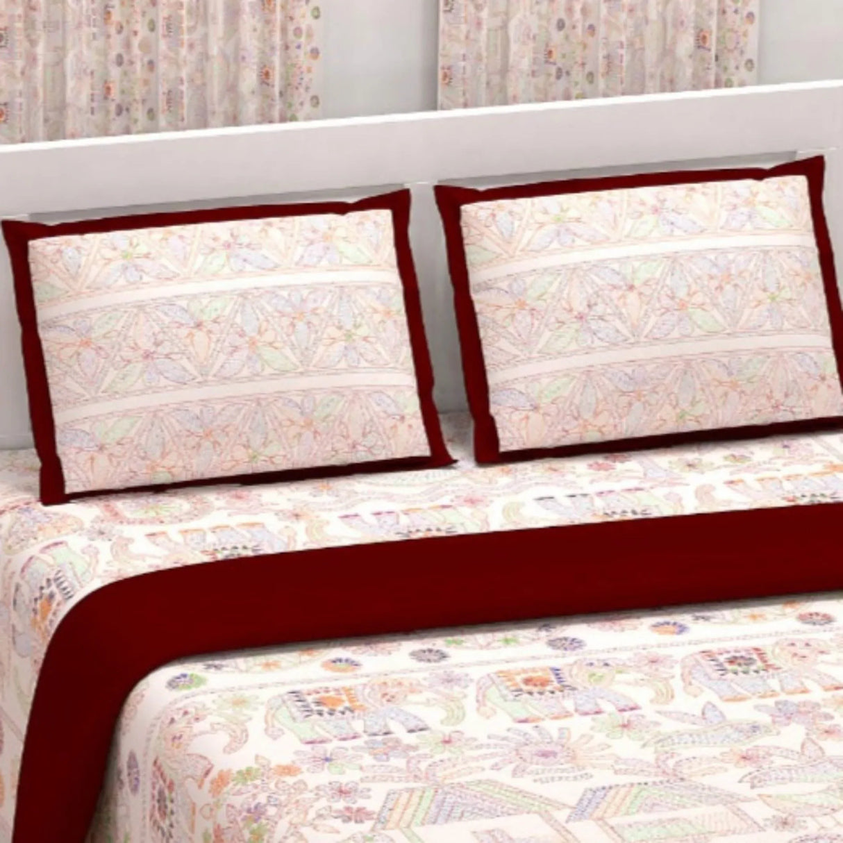 100% Cotton Sheets Indian Ethnic Elephant Printed Bedsheet Soft 3-piece Fitted Sheet with Breathable Pillowcases Deep Pockets 150 Thread Count (king Queen Twin) - LoveNspire