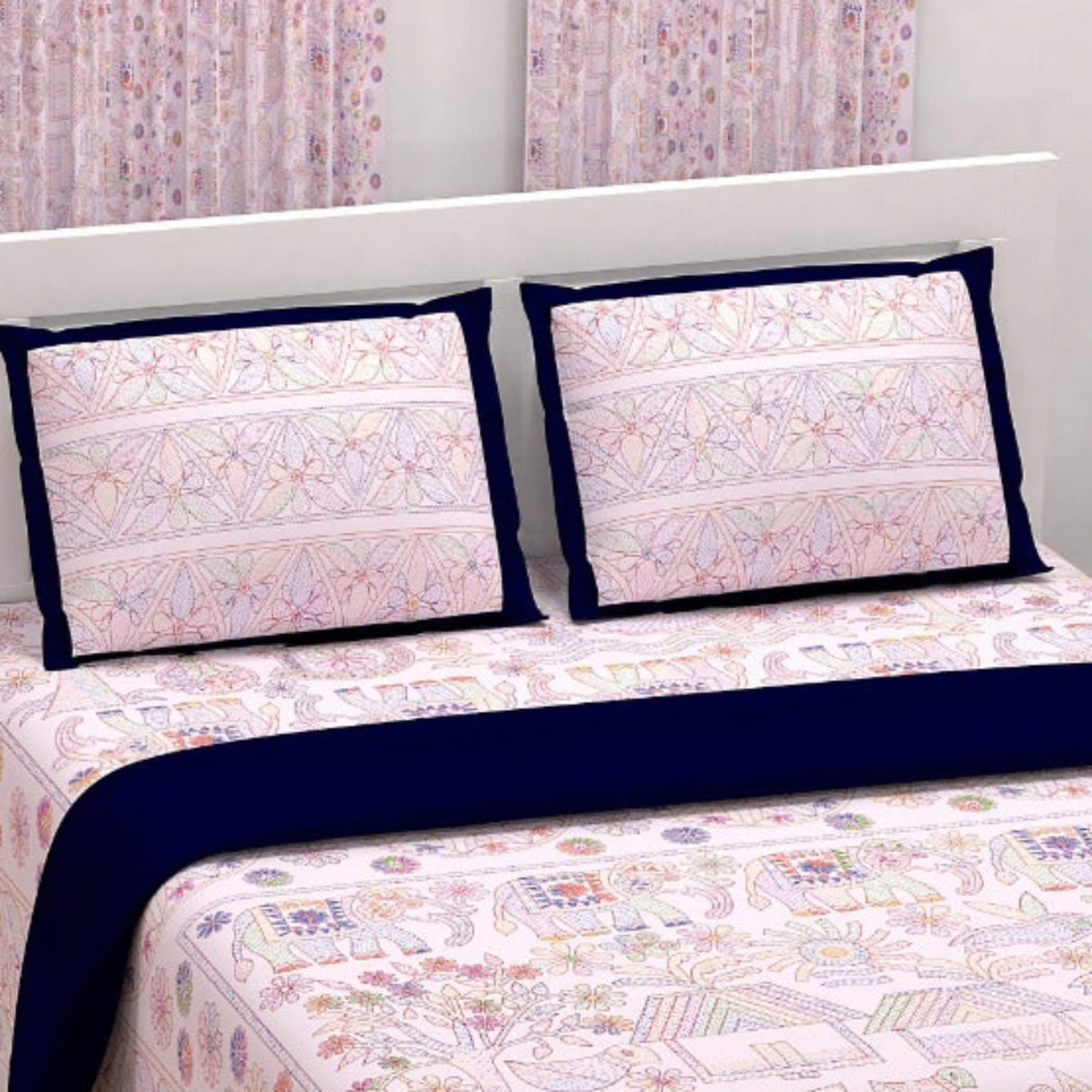 100% Cotton Sheets Indian Ethnic Elephant Printed Bedsheet Soft 3-piece Fitted Sheet with Breathable Pillowcases Deep Pockets 150 Thread Count (king Queen Twin) - LoveNspire