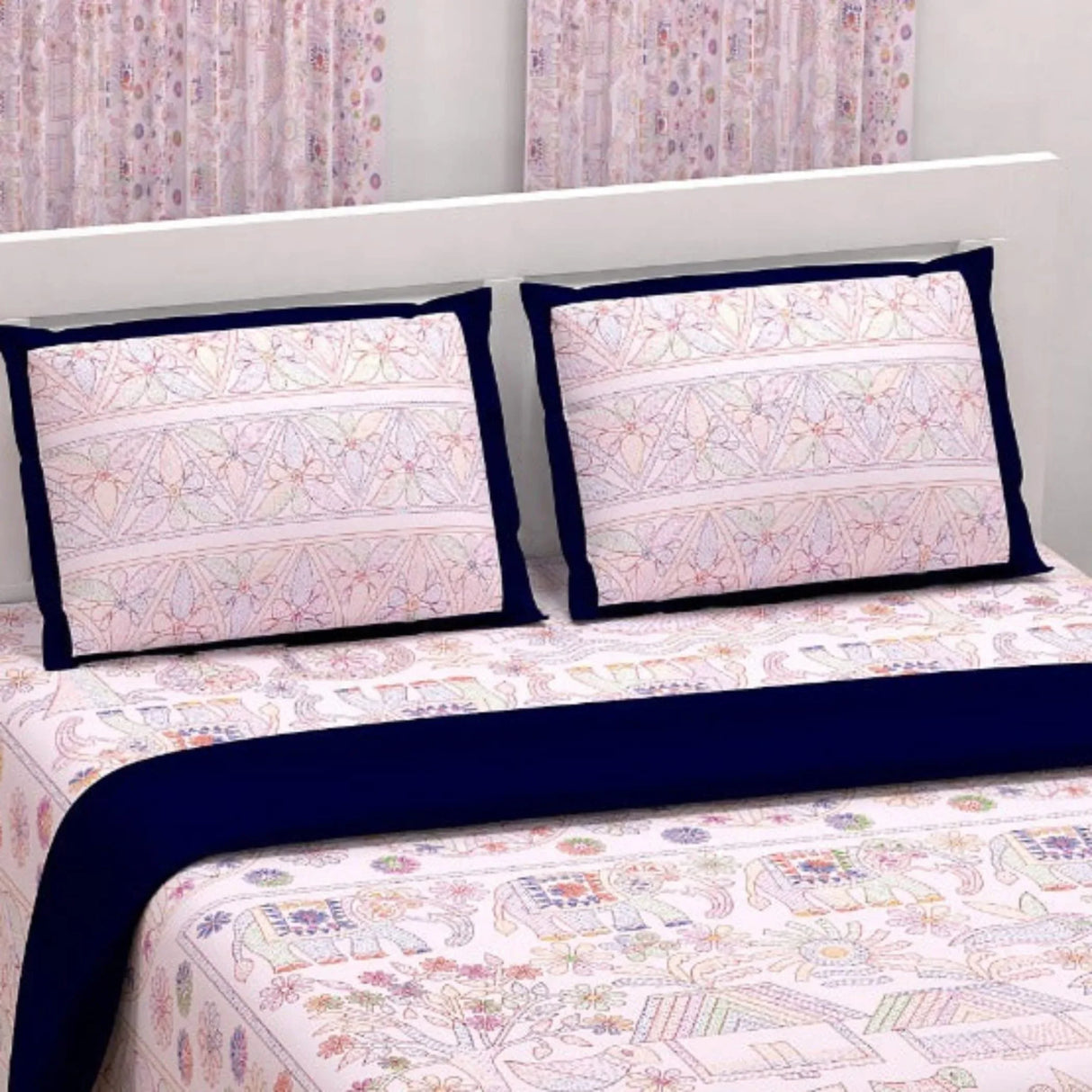 100% Cotton Sheets Indian Ethnic Elephant Printed Bedsheet Soft 3-piece Fitted Sheet with Breathable Pillowcases Deep Pockets 150 Thread Count (king Queen Twin) - LoveNspire