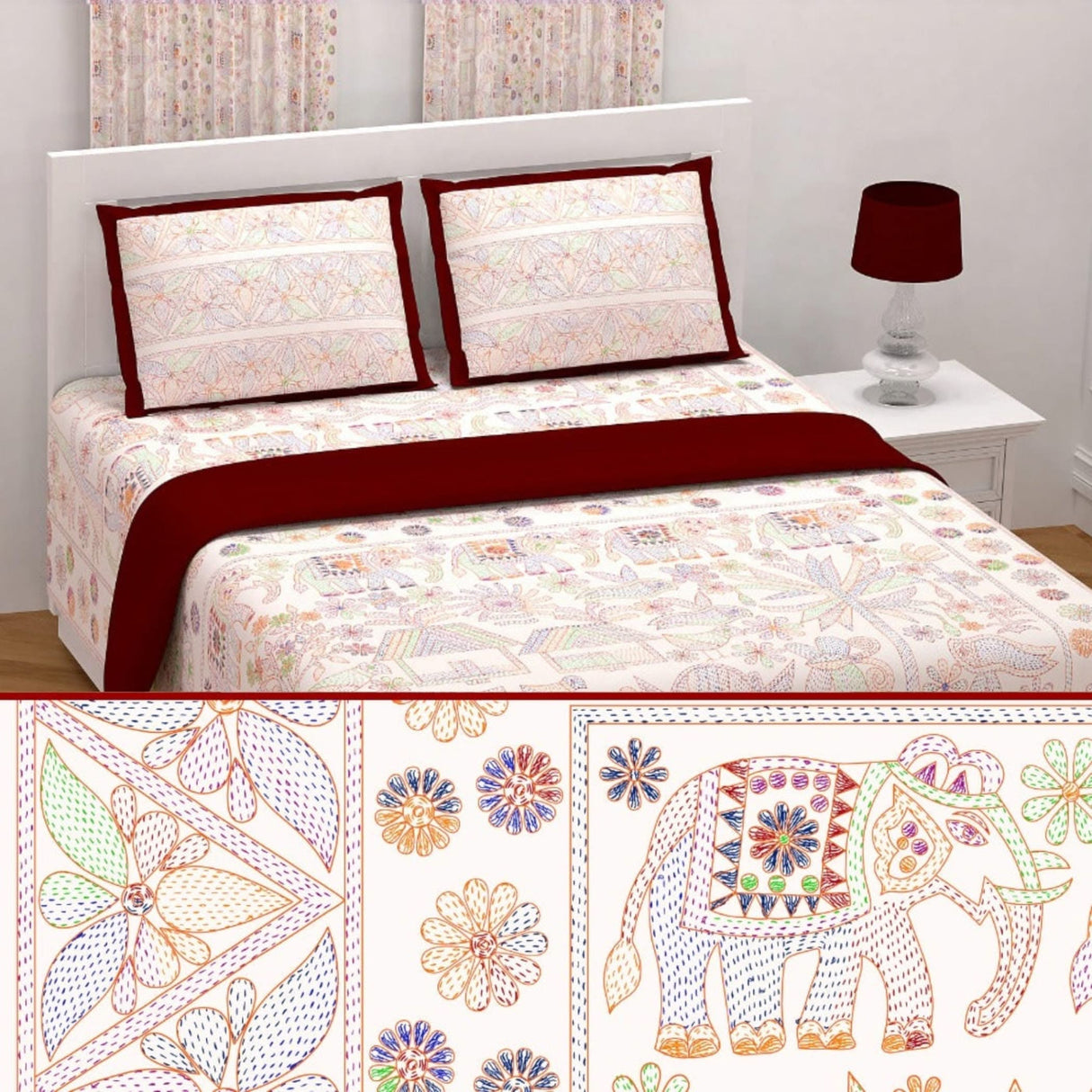 100% Cotton Sheets Indian Ethnic Elephant Printed Bedsheet Soft 3-piece Fitted Sheet with Breathable Pillowcases Deep Pockets 150 Thread Count (king Queen Twin) - LoveNspire