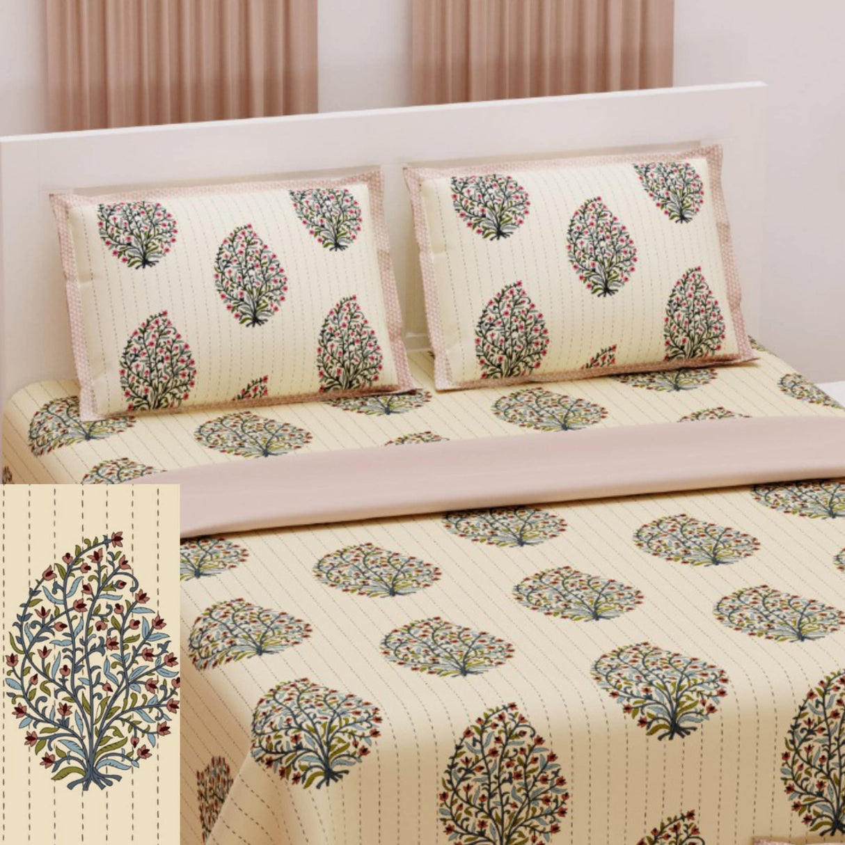 100% Cotton Sheets 150 Thread Count 3-piece Fitted Sheet Flower Tree Printed Bedsheet with Breathable Pillowcases Deep Pockets Bedding Set (king Queen) - LoveNspire