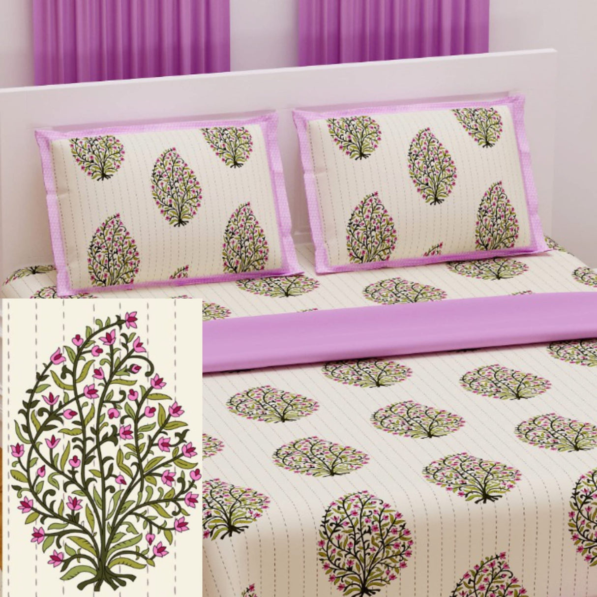 100% Cotton Sheets 150 Thread Count 3-piece Fitted Sheet Flower Tree Printed Bedsheet with Breathable Pillowcases Deep Pockets Bedding Set (king Queen) - LoveNspire