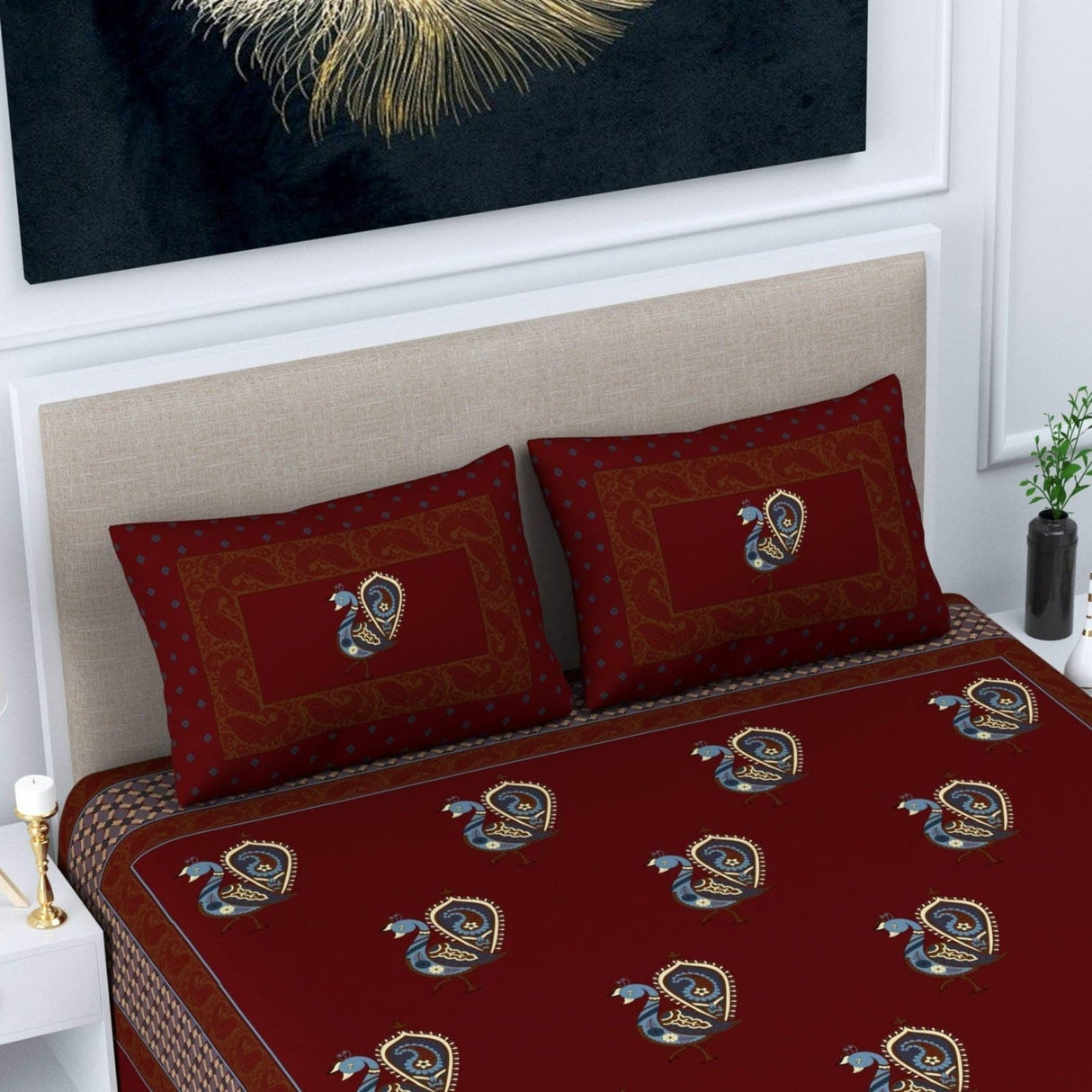 100% Cotton Sheets Indian Ethnic Peacock Printed 3-piece Fitted Sheet with Pillowcases 150 Thread Count Deep Pockets Soft Breathable Bedding Set (king Queen Twin) - LoveNspire