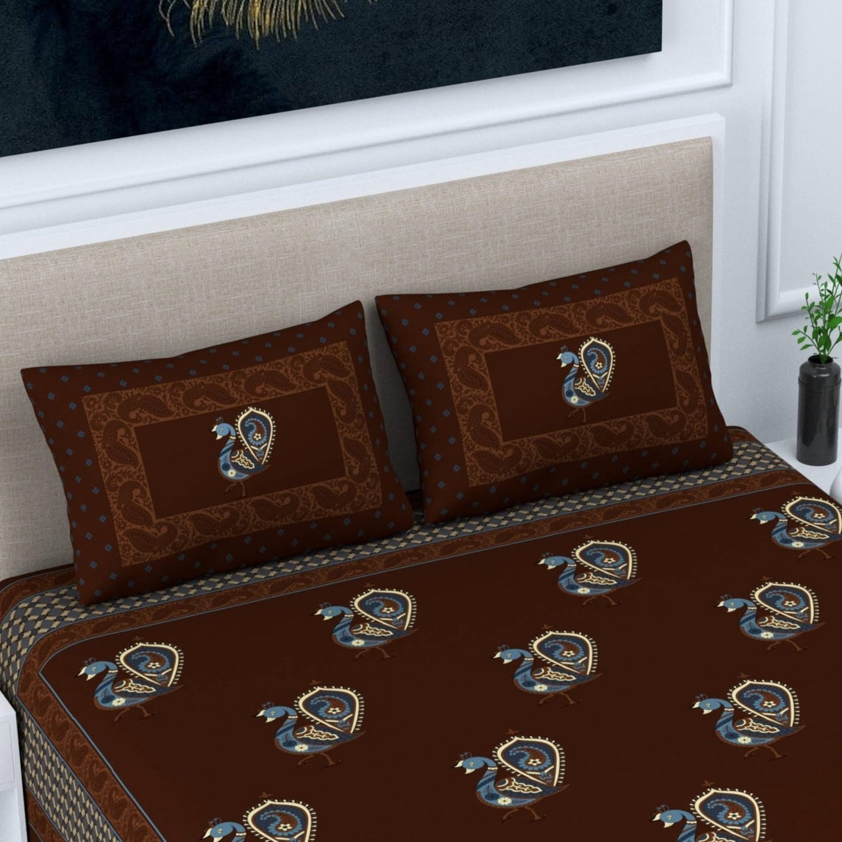 100% Cotton Sheets Indian Ethnic Peacock Printed 3-piece Fitted Sheet with Pillowcases 150 Thread Count Deep Pockets Soft Breathable Bedding Set (king Queen Twin) - LoveNspire